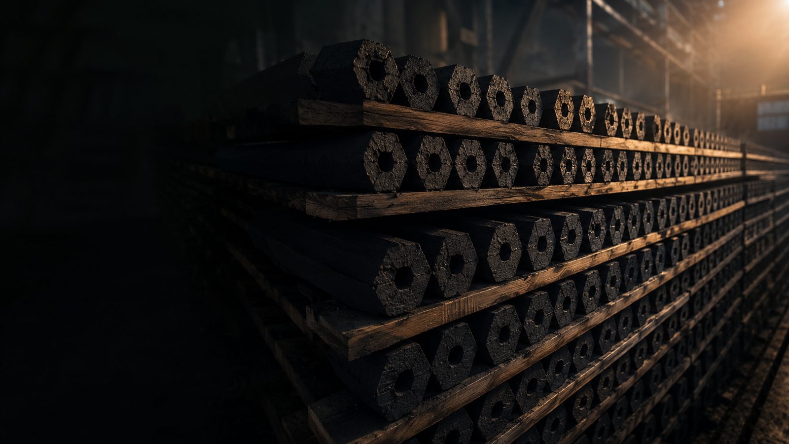 Rows of hexagonal machine-made charcoal briquettes stacked inside the factory